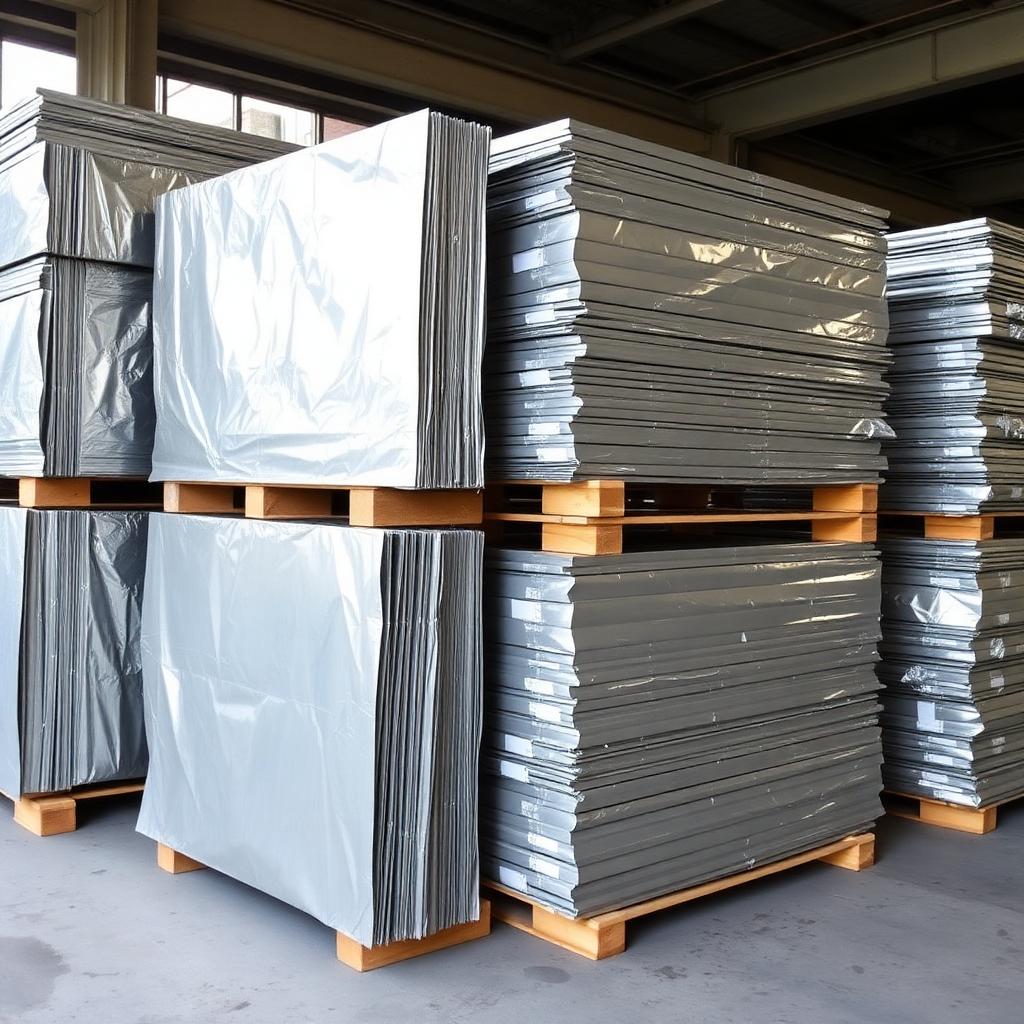 Aluminium sheet scrap stacked on pallets