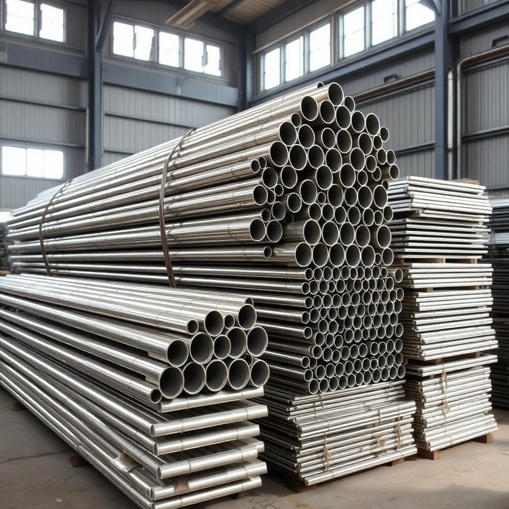 Stainless steel scrap pipes and sheets stacked in a warehouse