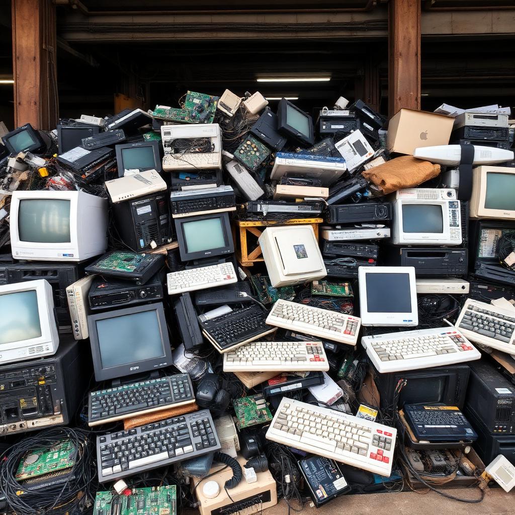 E-waste of old computers, keyboards and circuit boards