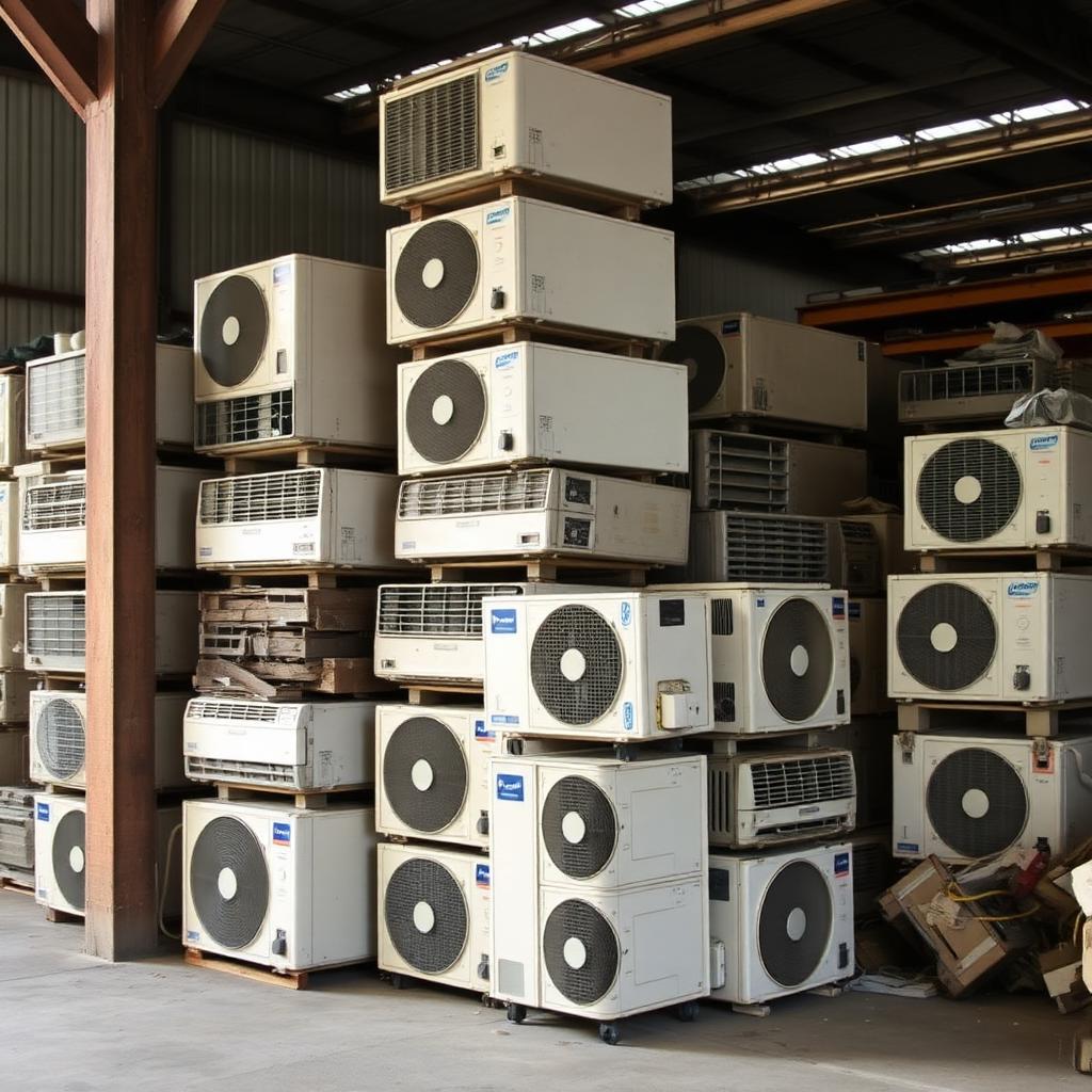 Old air conditioner units collected for scrap and recycling