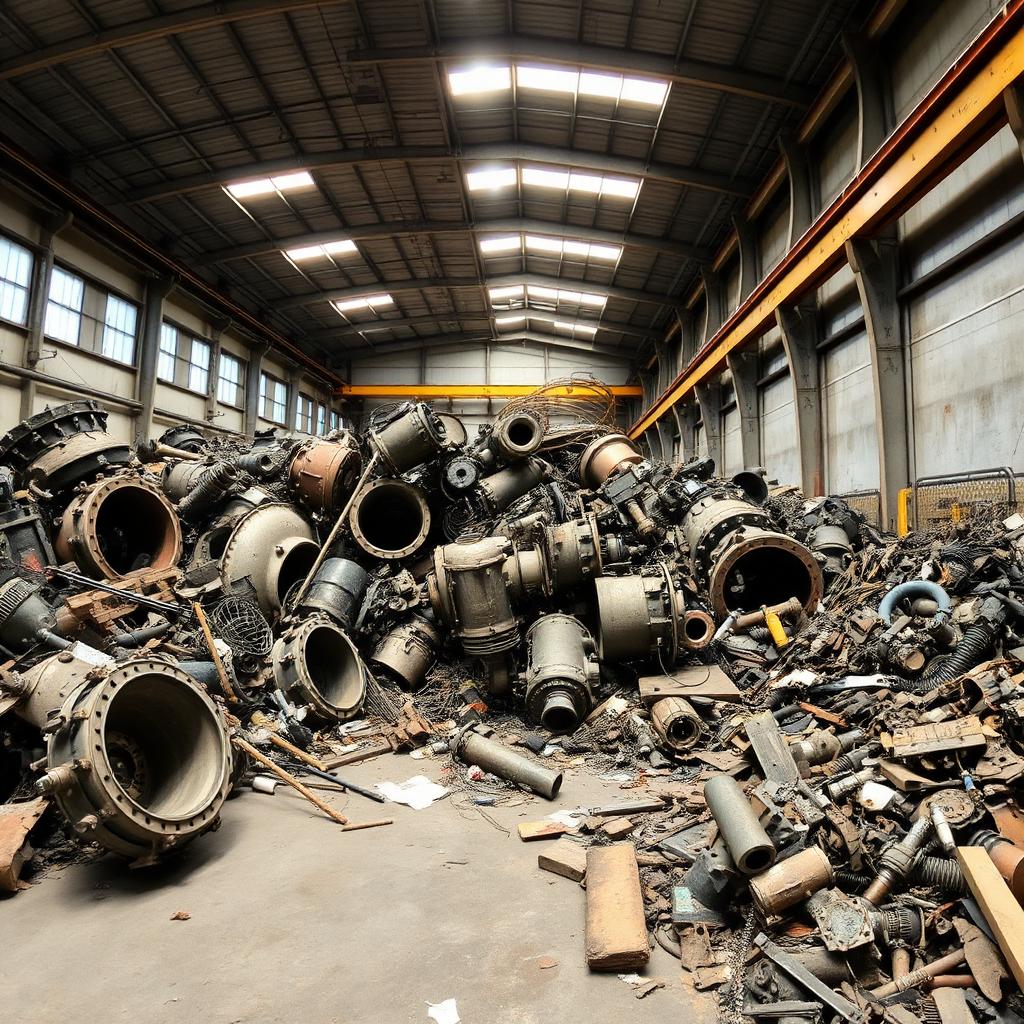 Industrial factory scrap of machinery parts and metal waste