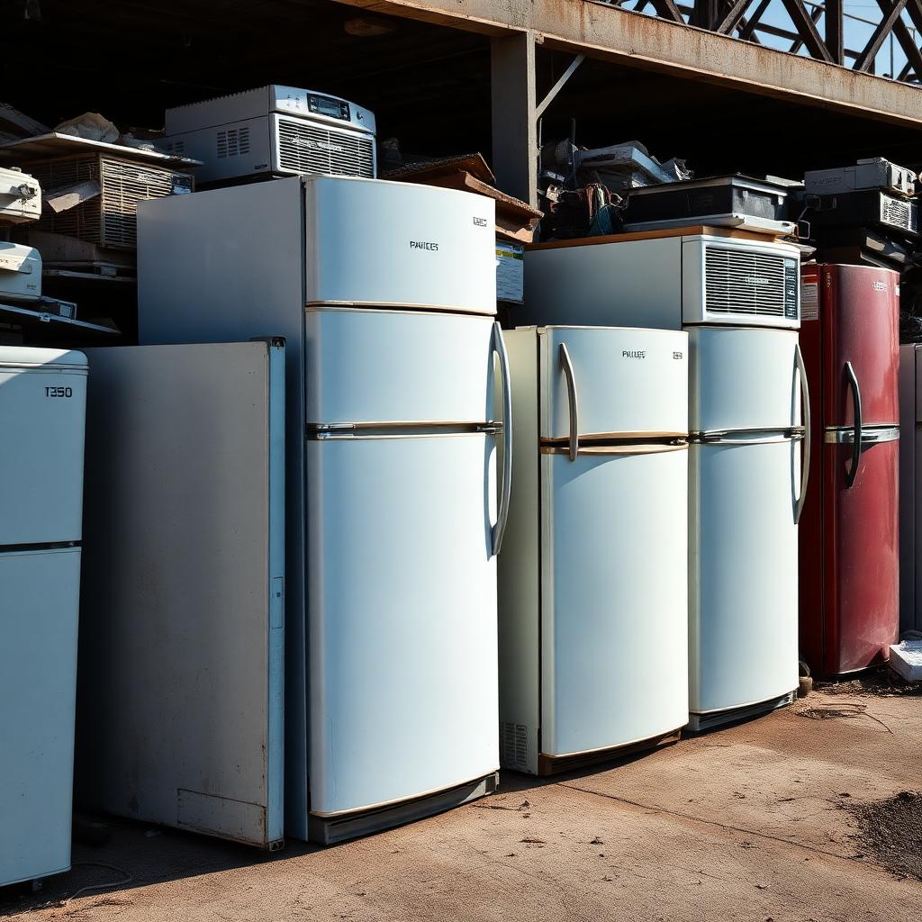 Old refrigerators lined up for scrap recycling